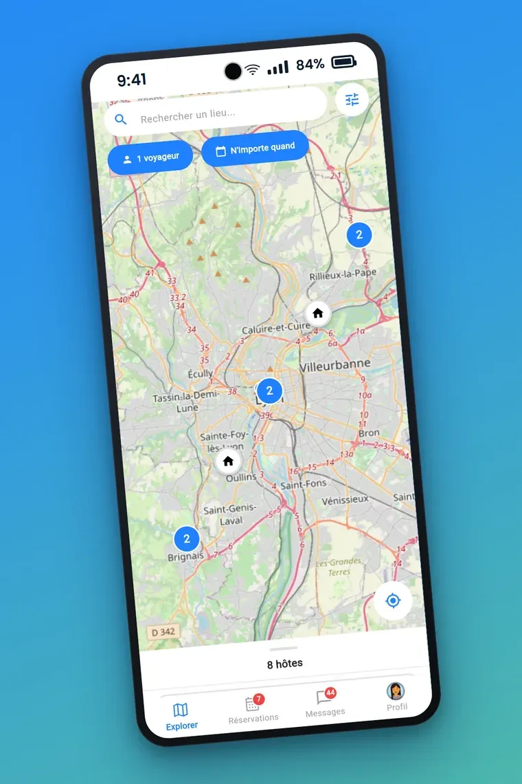 La carte de Bikipi, avec les hôtes disponibles autour de Lyon